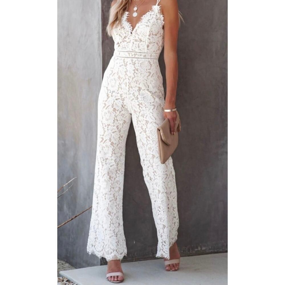 Aakaa Lace Jumpsuit Medium Ivory Wide Leg Boho Bridal Romantic